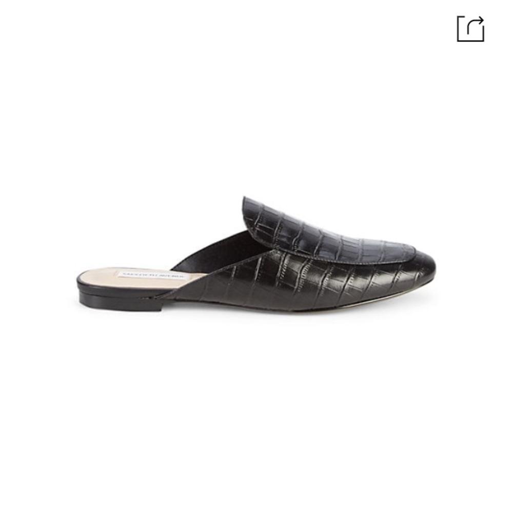 Black Leather Crocodile Slip On Slides